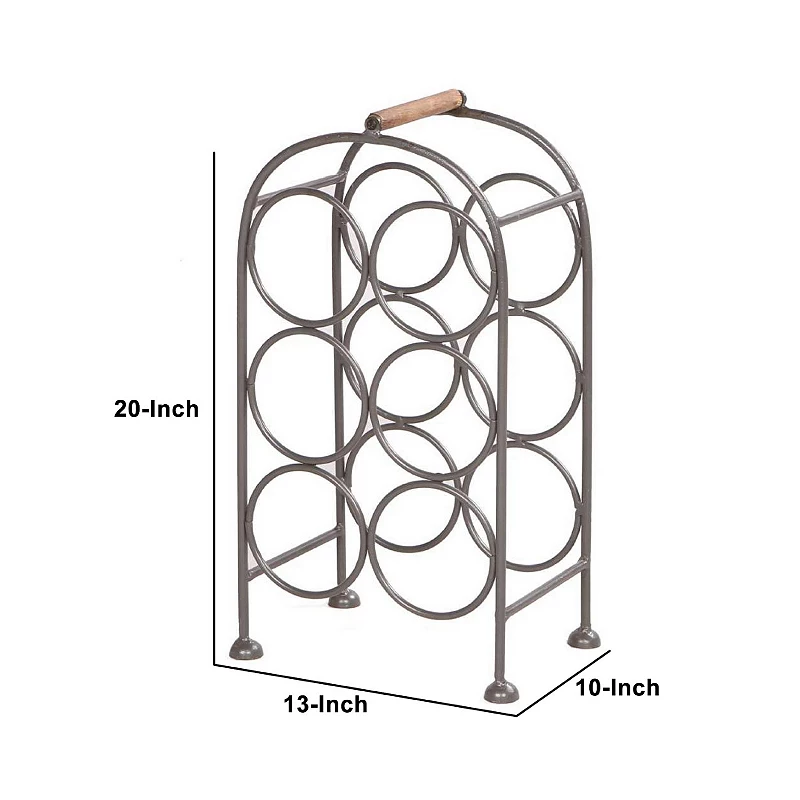 20 Inch Industrial Wine Rack Holder， Arched Iron Frame， 6 Bottle Storage， Gunmetal Gray