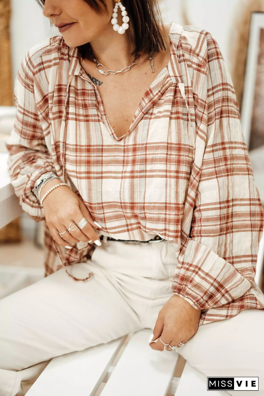 Plaid Print V-Neck Long Sleeve Blouse