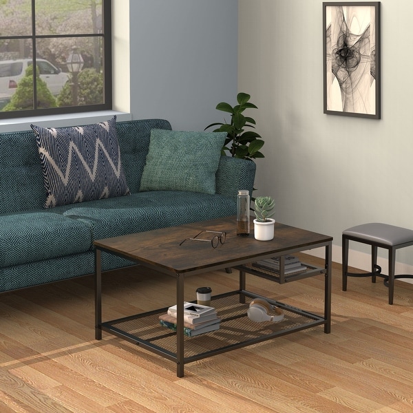 Industrial 2 Layers Metal Coffee Table with Storage Shelf for Home Office