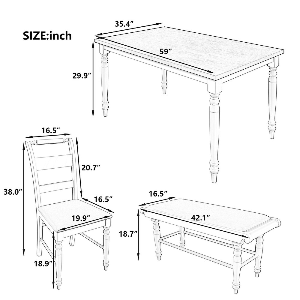 6 Peice Rectangular Dining Table Set with Upholstered Chairs   Bench