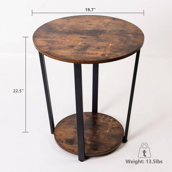 Vintage 2-Tier Round Side Table / End Table，Rustic Brown