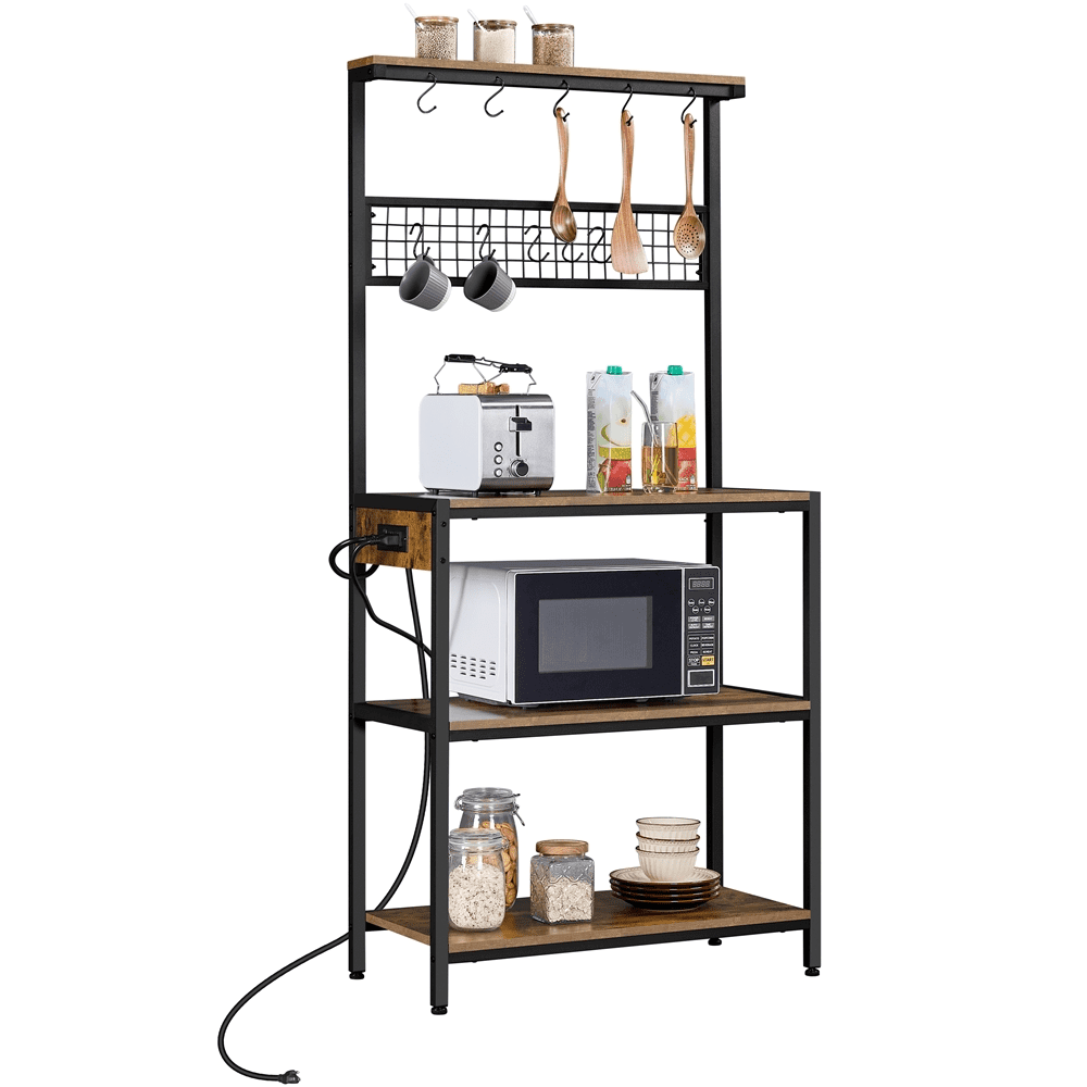 Topeakmart 4-tire Baker’s Rack with Power Outlet with 10 Hooks and Adjustable Feet for Kitchen， Rustic Brown