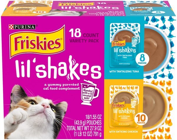 Friskies Pureed Lil' Shakes Chicken and Tuna Variety Pack Cat Food， 1.55-oz bag， Case of 18