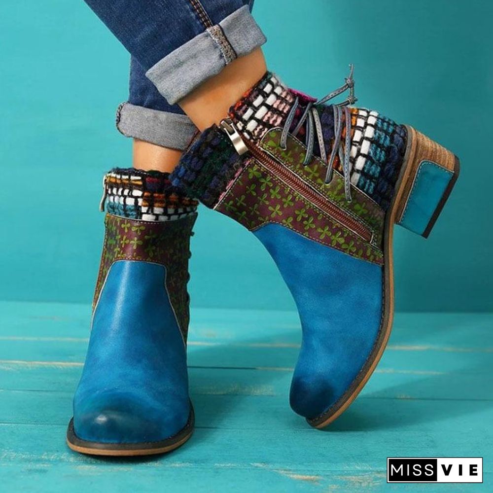 Round Head Colorful Printed Zipper Boots