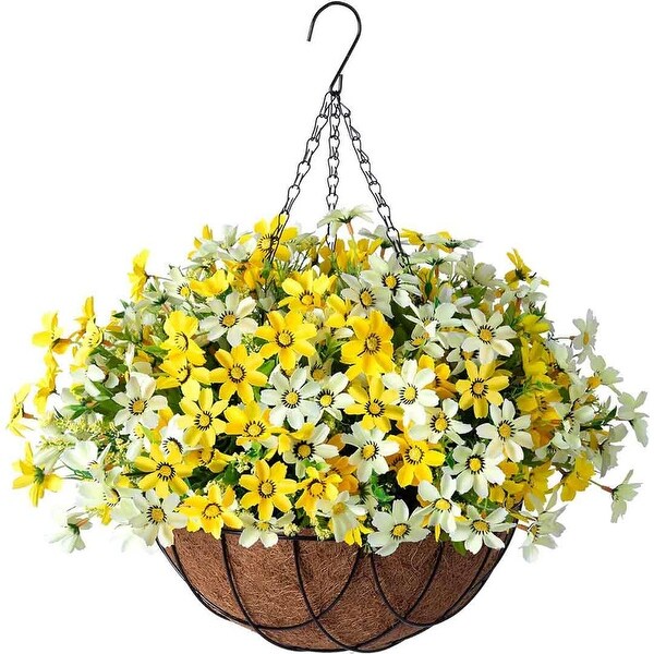 Artificial Silk Flowers Hanging Baskets Outdoors，Chrysanthemum with Eucalyptus Leaves in Metal Coconut Lining Flowerpot