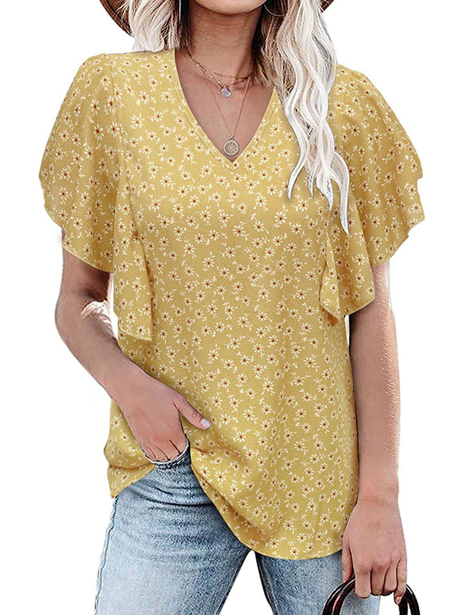 Summer V-neck Floral Pleated Short-sleeve Blouse