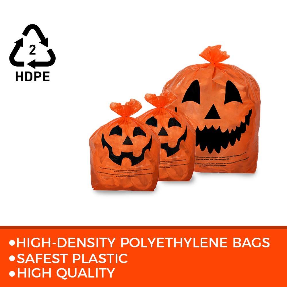 KINREX Halloween Pumpkin Plastic Lawn and Leaf Bags Decoration - Outdoor Fall Trash Bag Decor - Orange Jack O Lantern - Pack of 3 with Twist Ties