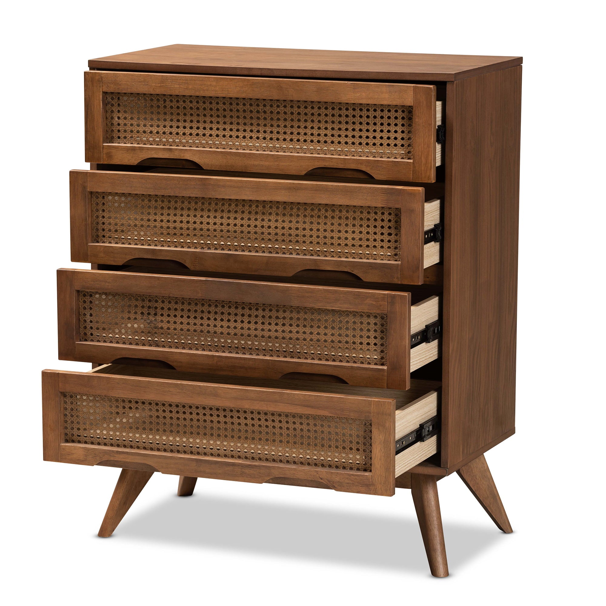 Baxton Studio Barrett Mid-Century Modern Walnut Brown Finished Wood and Synthetic Rattan 4-Drawer Chest