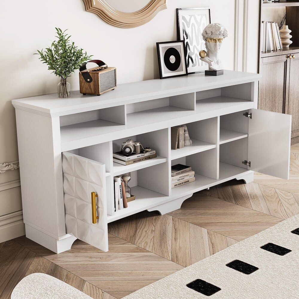 Moasis 70 inch Wooden Embossed TV Stand with 2 Cabinets and Adjustable Shelves