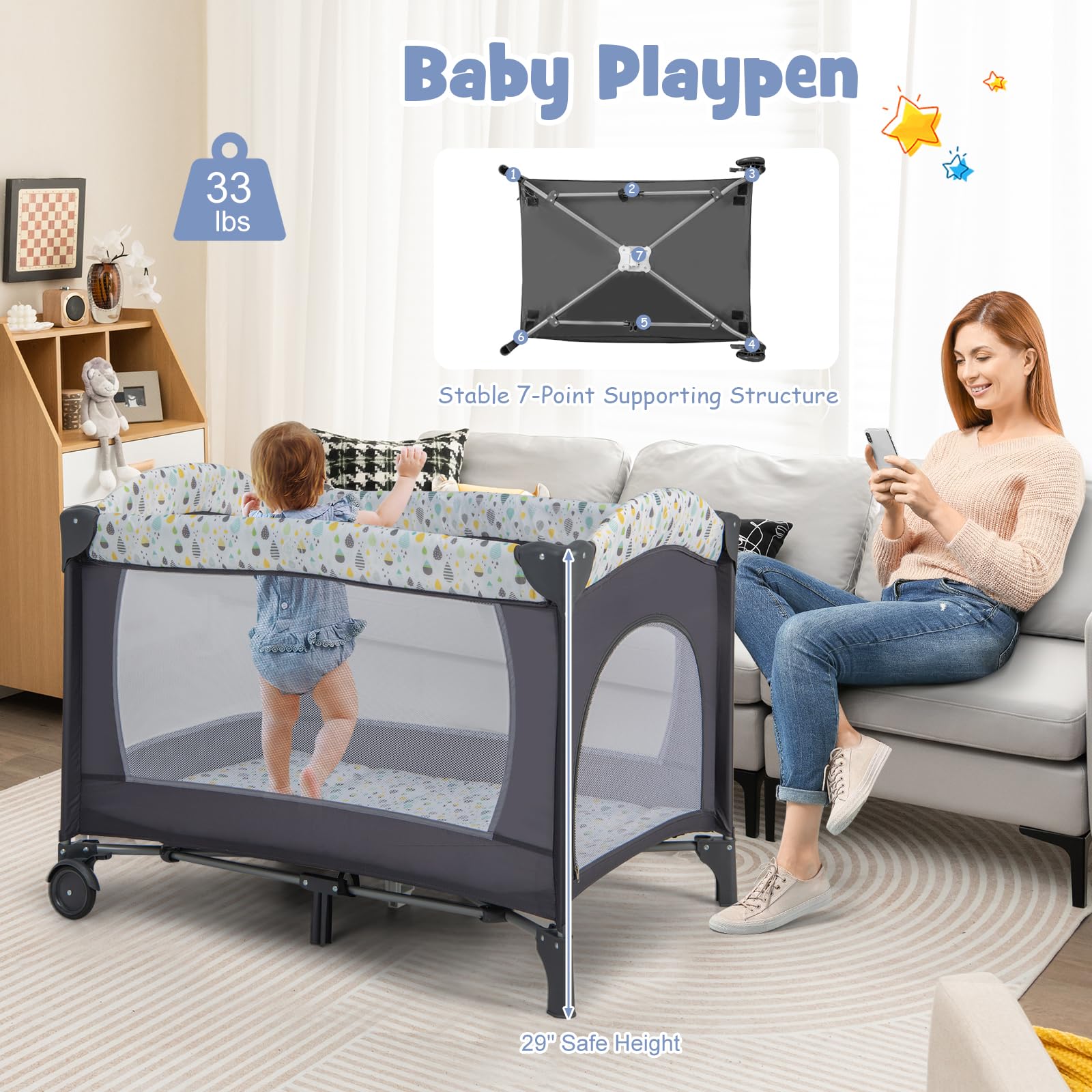 BABY JOY 4 in 1 Pack and Play, Portable Baby Playard with Bassinet