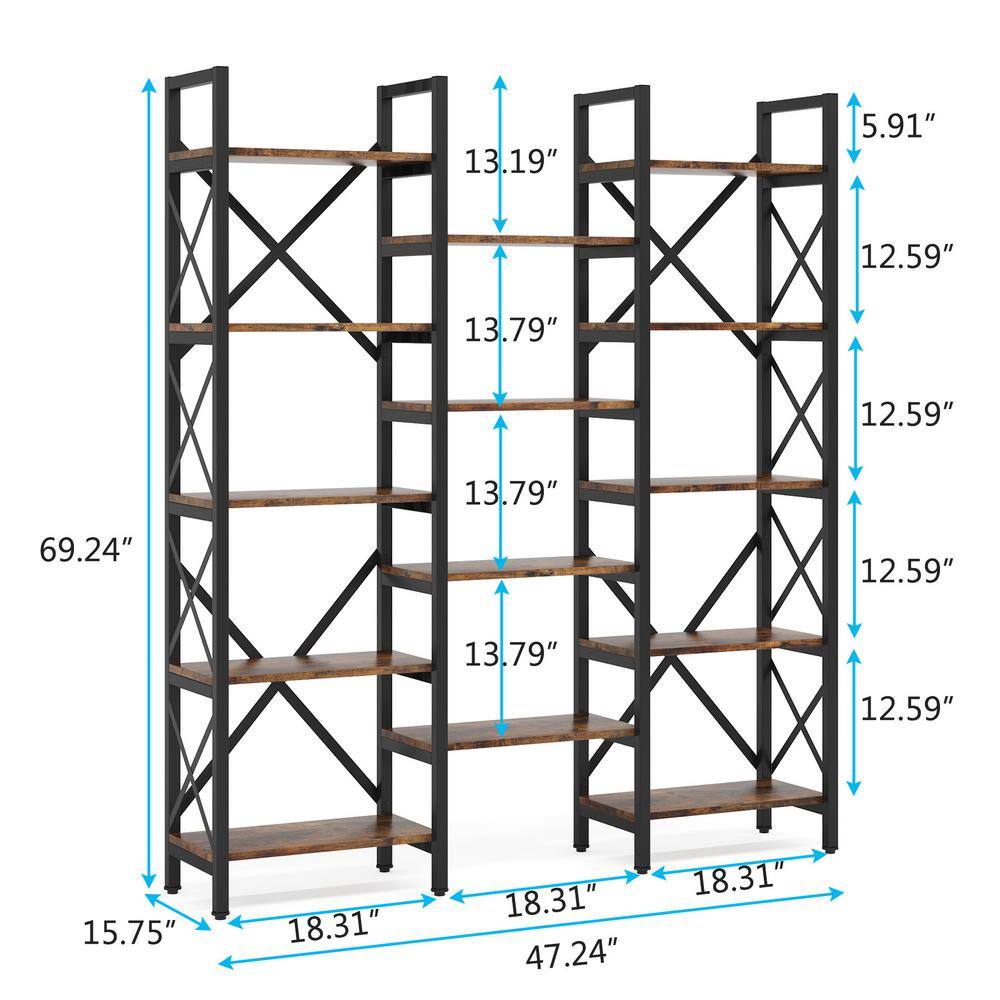 Tribesigns Earlimart 69 in. Vintage Brown Wood Triple Wide 5-Tier Bookcase 14-Shelves Tagere Large Open Bookshelf TJHD-HOGA-C0457