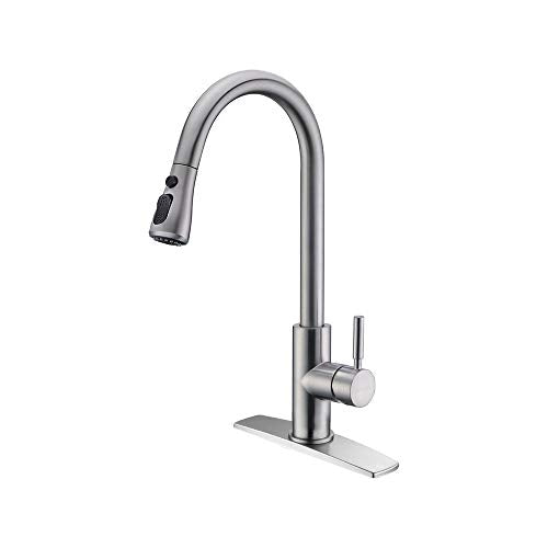 FORIOUS Kitchen Faucet with Pull Down Sprayer Brushed Nickel， High Arc Single Handle Kitchen Sink Faucet with Deck Plate， Commercial Modern rv Stainless Steel Kitchen Faucets， Grifos De Coci