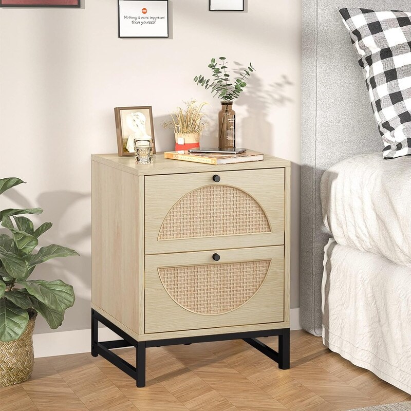 Modern Minimalism Rattan Nightstand  Wood Bedside Table with Two Drawers  Boho End Table  Side Table for Living Room  Bedroom