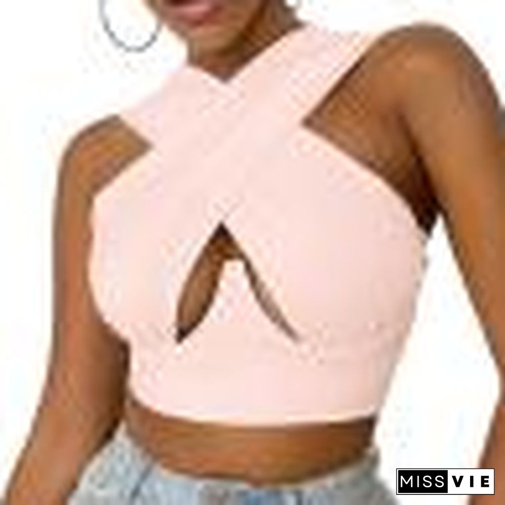 Hollow Out Crossed Sexy Vest Women Solid Color Cropped Tops Slim Fit Sleeveless Double Use Camisole Tank Tops