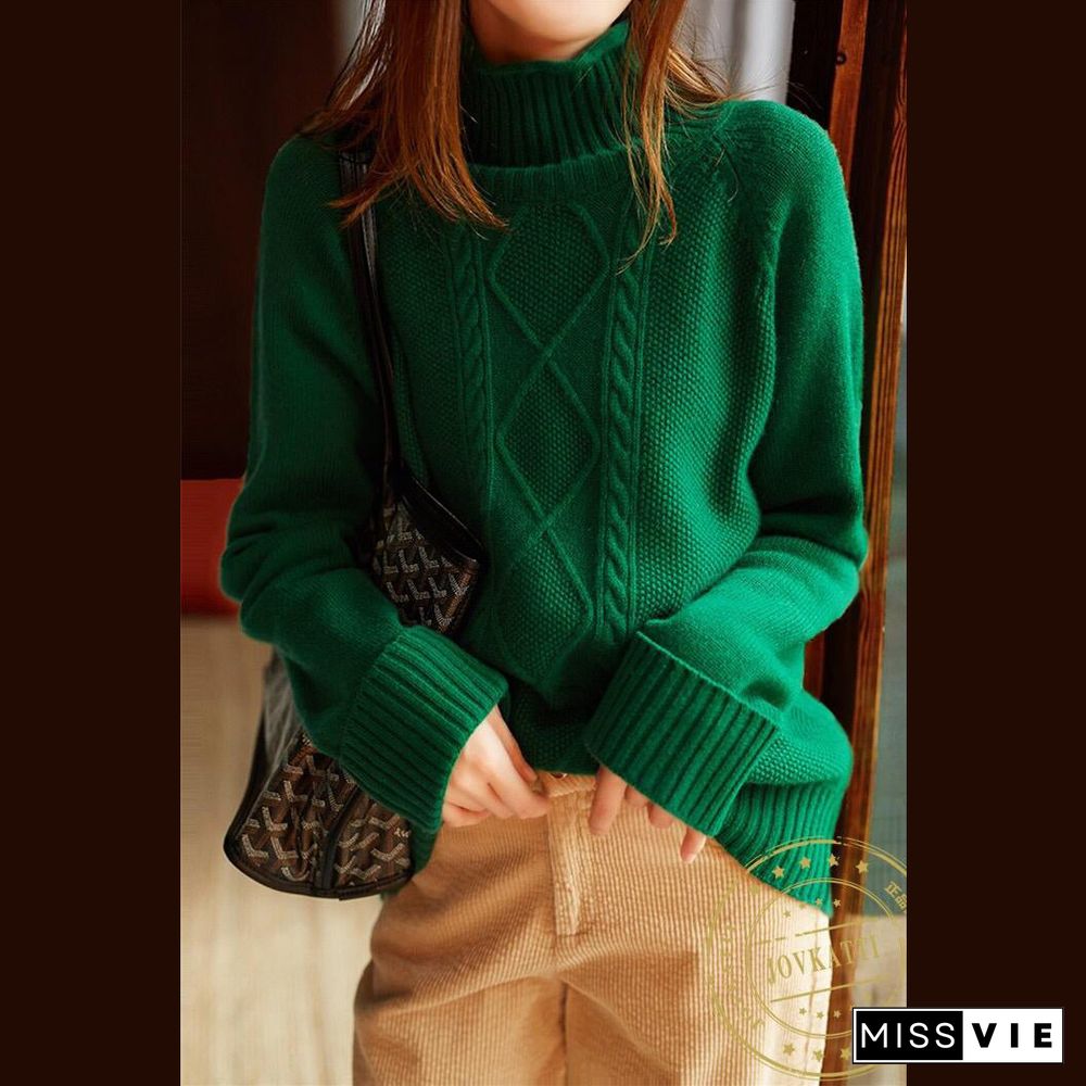 Vintage Green Clothes High Neck Spring Knitted Blouse