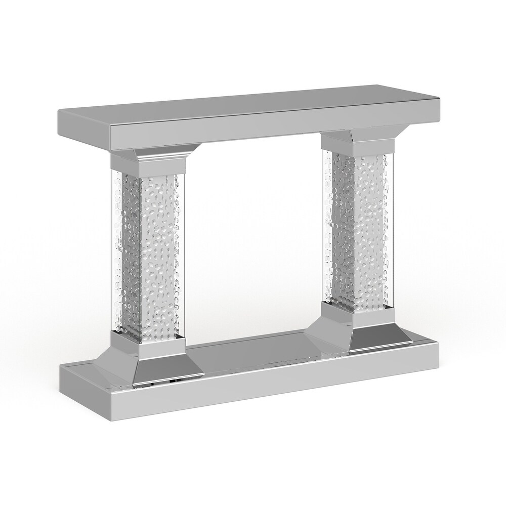 Silver Glass Beveled Mirrored Console Table with Crystal Embedded Pillars   42 x 13 x 31