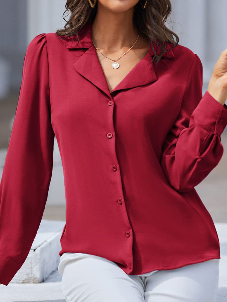 Casual Loose Solid Color Lapel Long Sleeve Blouse