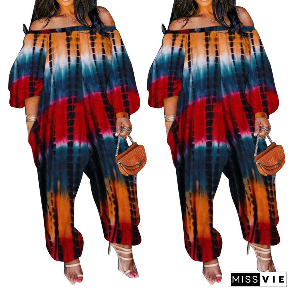 Women Streetwear Summer Pocket Design Lantern Sleeve Tie Dye Print Off Shoulder Plus Size Jumpsuit