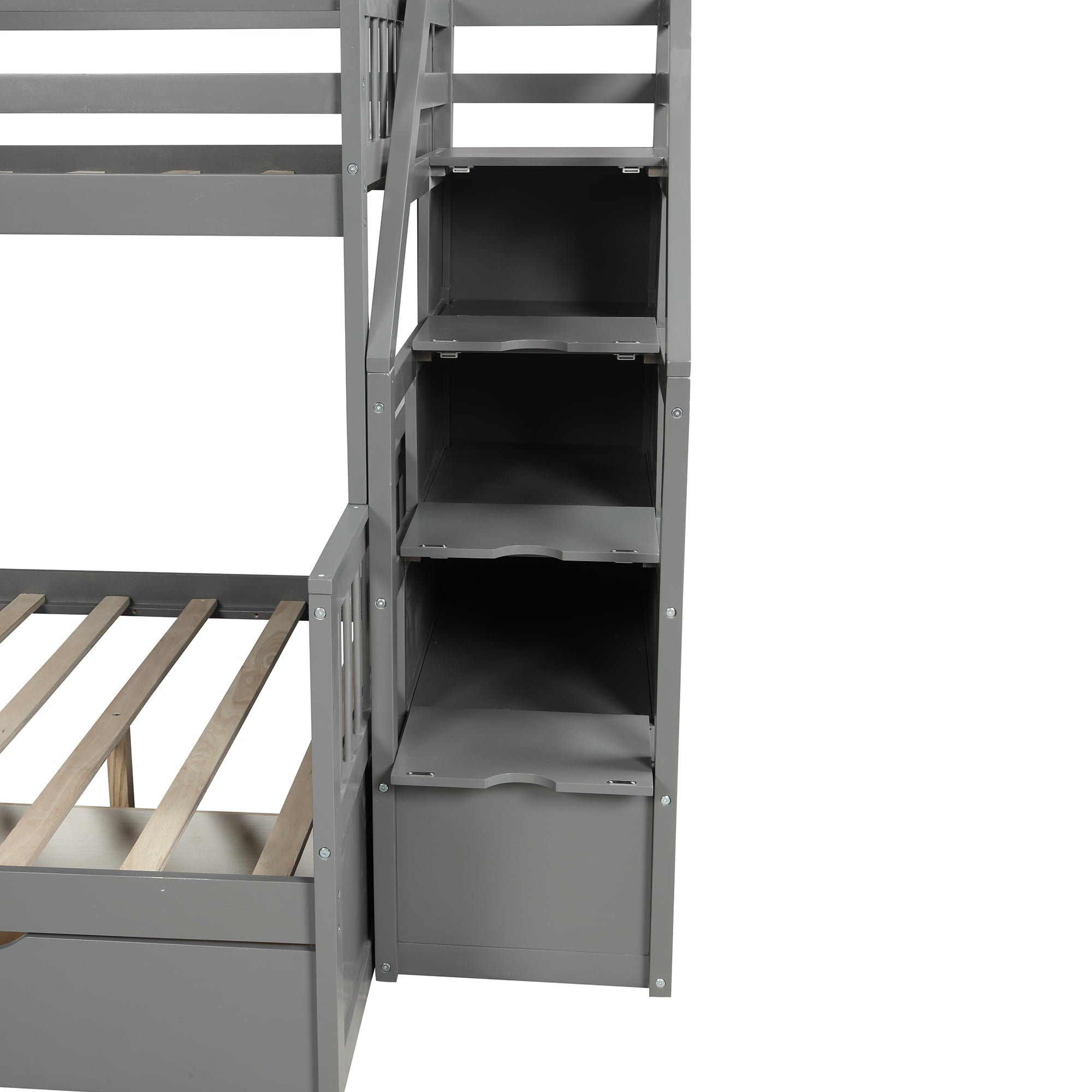 Bellemave Twin Over Full Bunk Bed with Stairs and Slide, Solid Wood Bunk Bed Frame with Storage Drawers for Kids Boys Girls Teens （Grey)