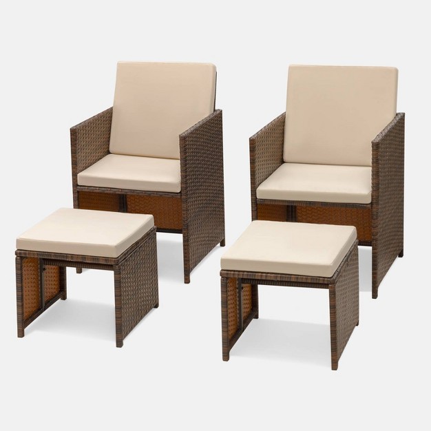 4pc Outdoor Wicker Rattan Set With Cushioned Chairs amp Ottomans Devoko