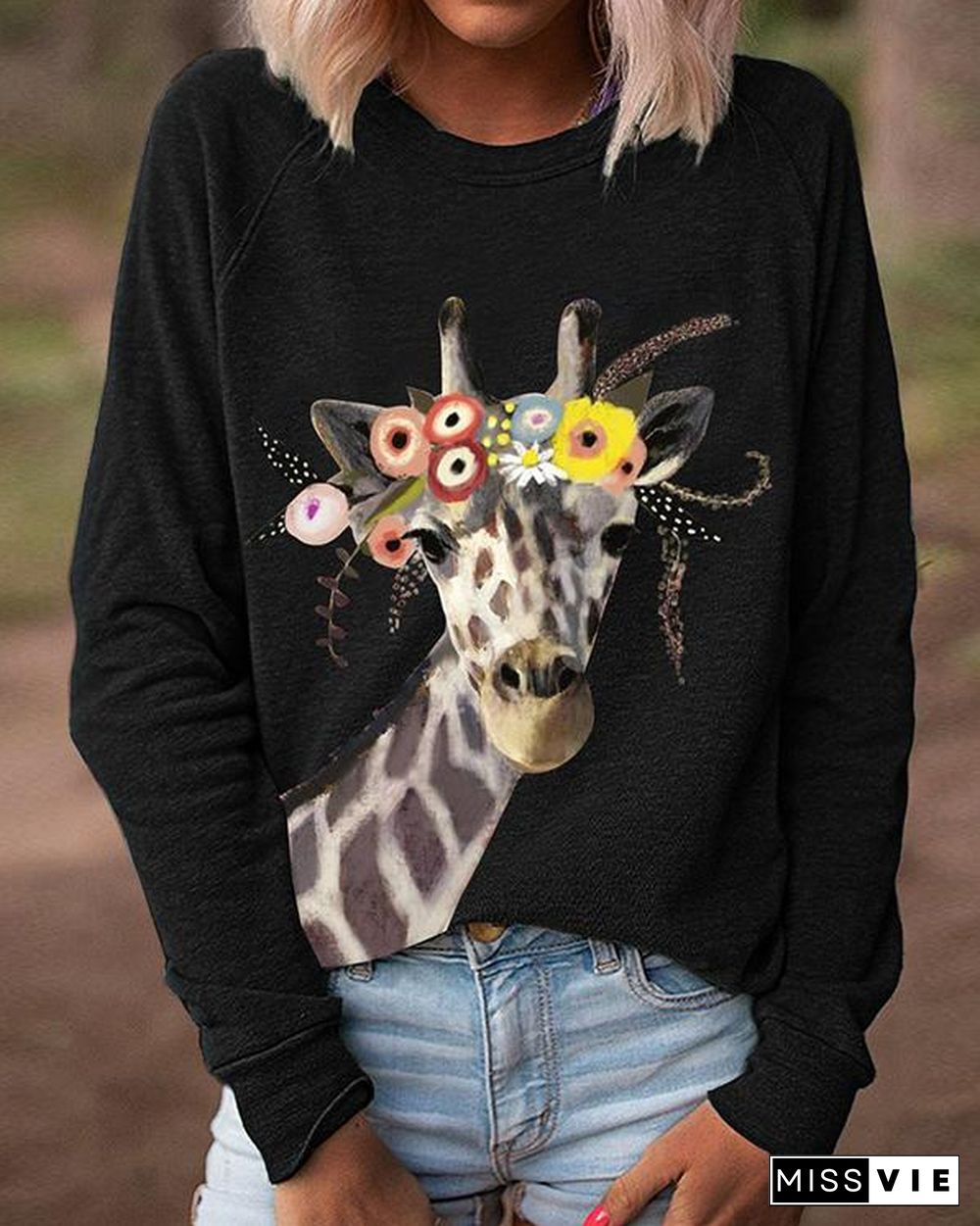 Women Giraffe Floral Print Long Sleeves Casual T-Shirts