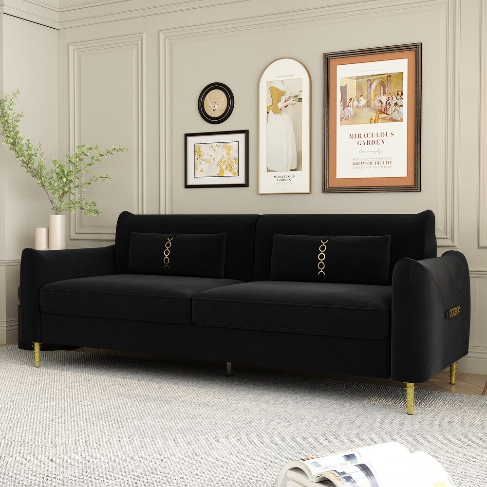 Short Plush Upholstered 3 Seater Sofa Modern Living Room Couch Sofa with Deep Padded Seat Sofa and Metal Legs  Includes Pillows