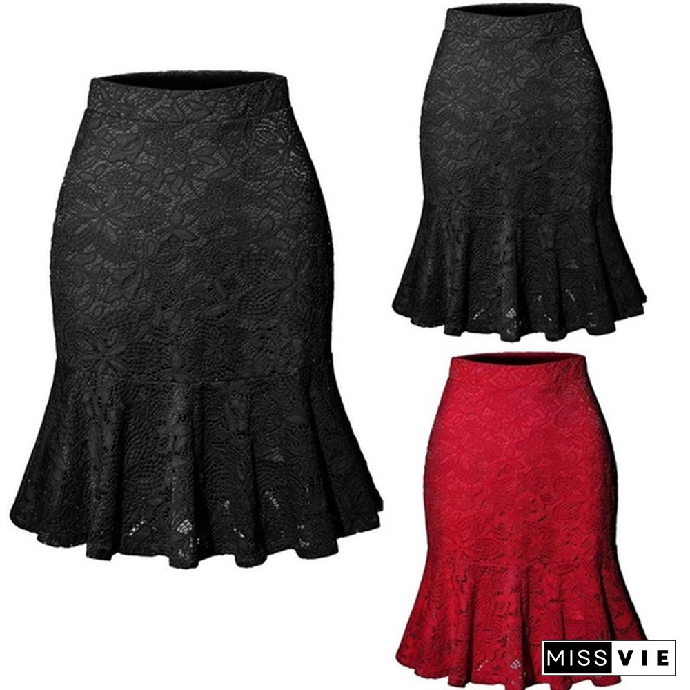 Casual Women Fashion Summer Solid Color Lace Package Hip Skirts Office Ladies Slim Fit Short Skirt Mini Party Skirt