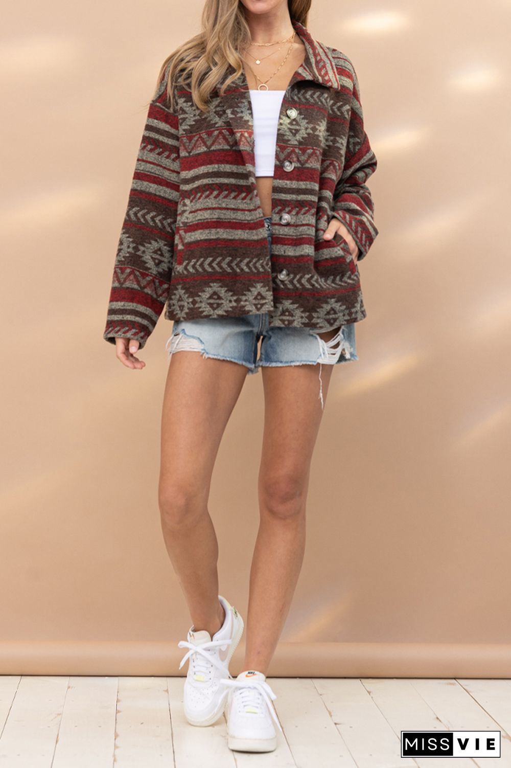 Lapel Button Up Aztec Jacket Coat