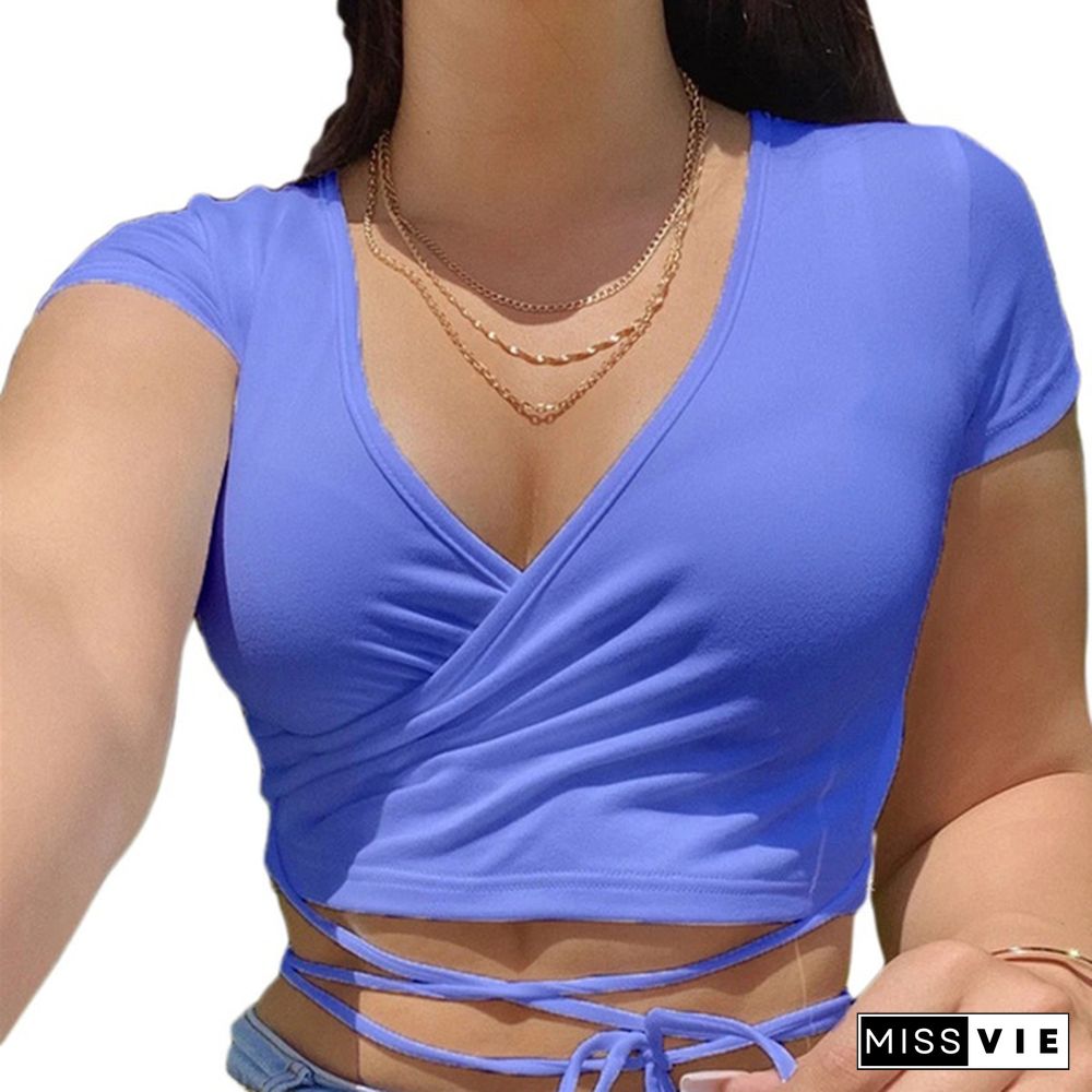 Women Fashion Solid Color Sexy V-neck Crop Tops Slim Fit Summer Short Sleeve Tank Top T Shirts