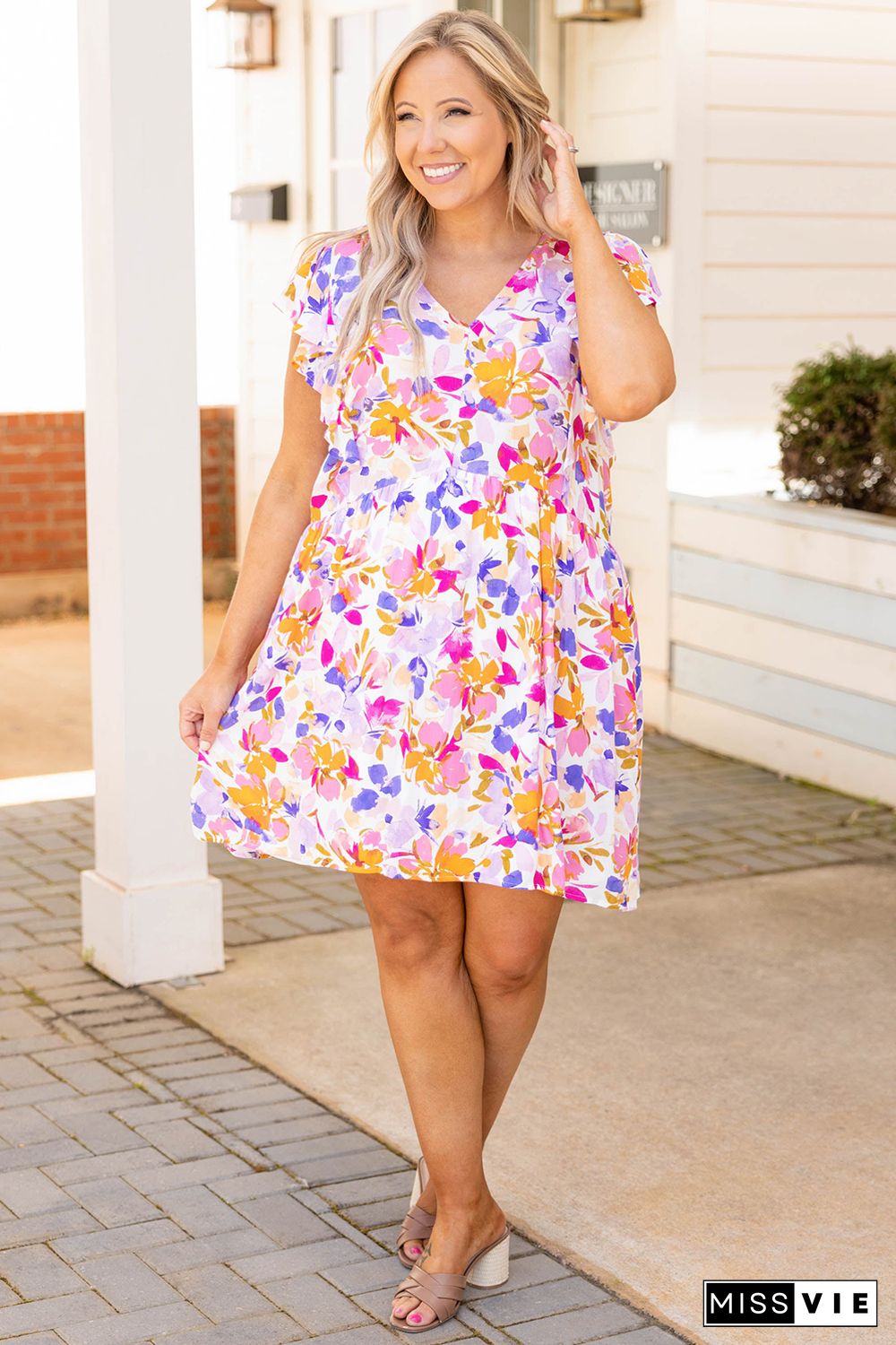 Multicolor Floral V-Neck Ruffled Sleeve Plus Size Dress