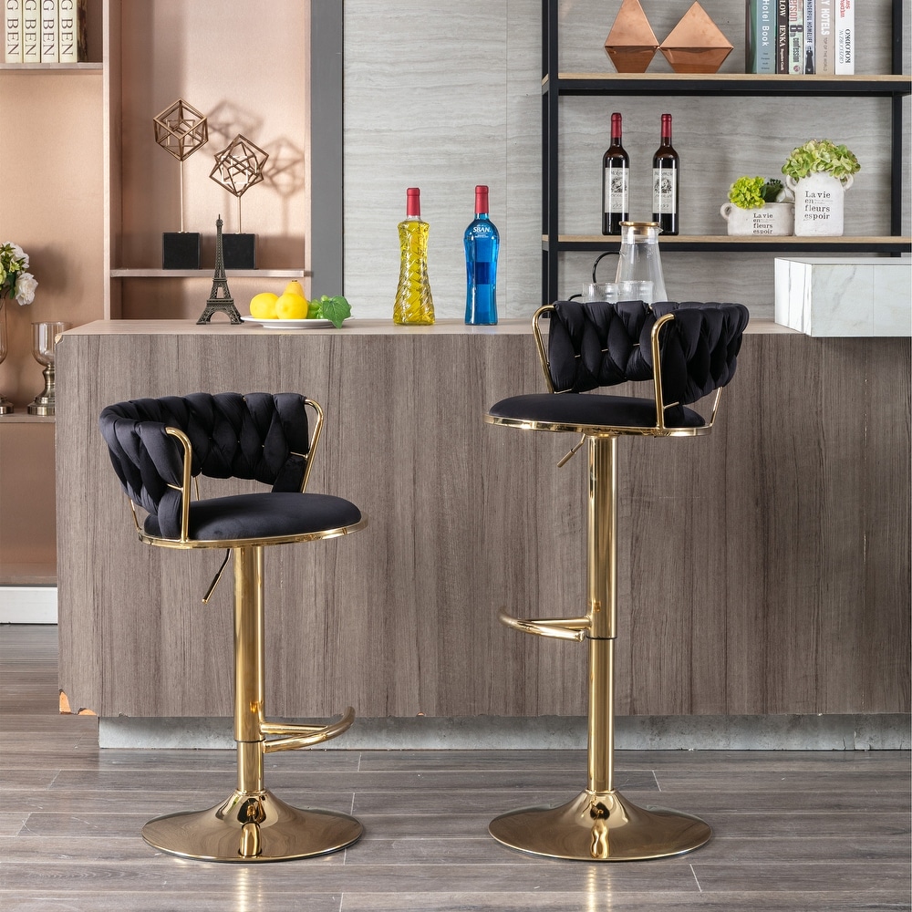 Modern Retro Height Adjustable Counter Chair Swivel Bar Stools Set of 2 with Velvet Woven Backrest Handrail and Footrest