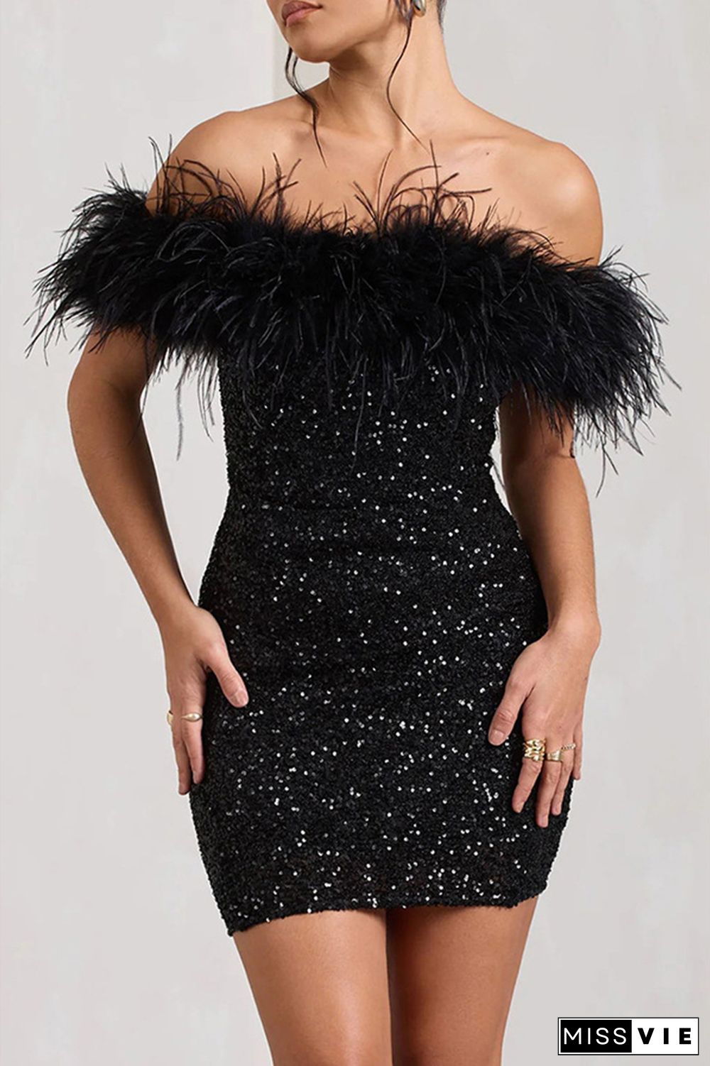 Sexy Solid Sequins Feathers Off the Shoulder Wrapped Skirt Dresses