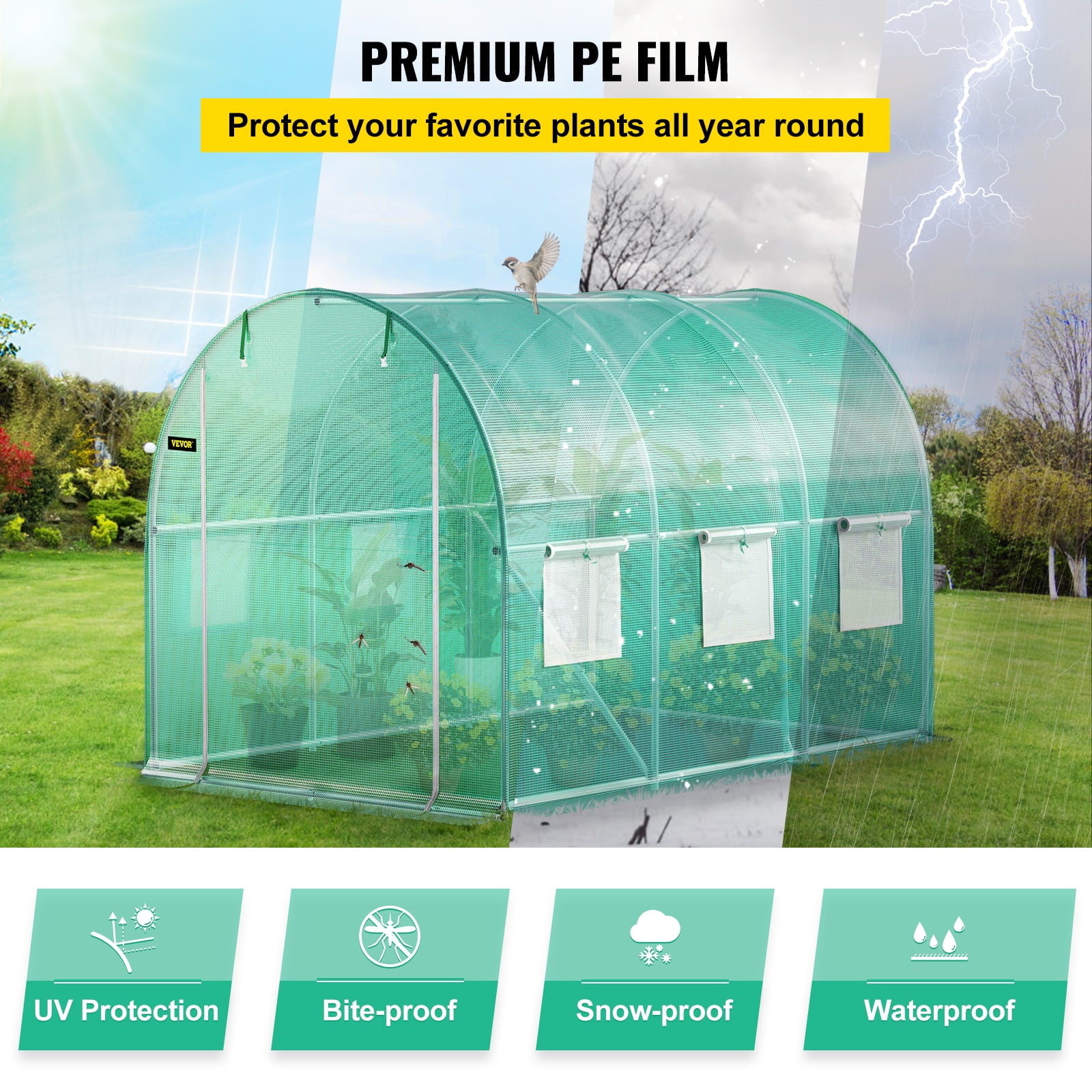 VEVORbrand Walk-in Tunnel Greenhouse, 10 x 7 x 7 ft Portable Plant Hot House w/ Galvanized Steel Hoops, 1 Top Beam, Diagonal Poles, Zippered Door & 6 Roll-up Windows, Green