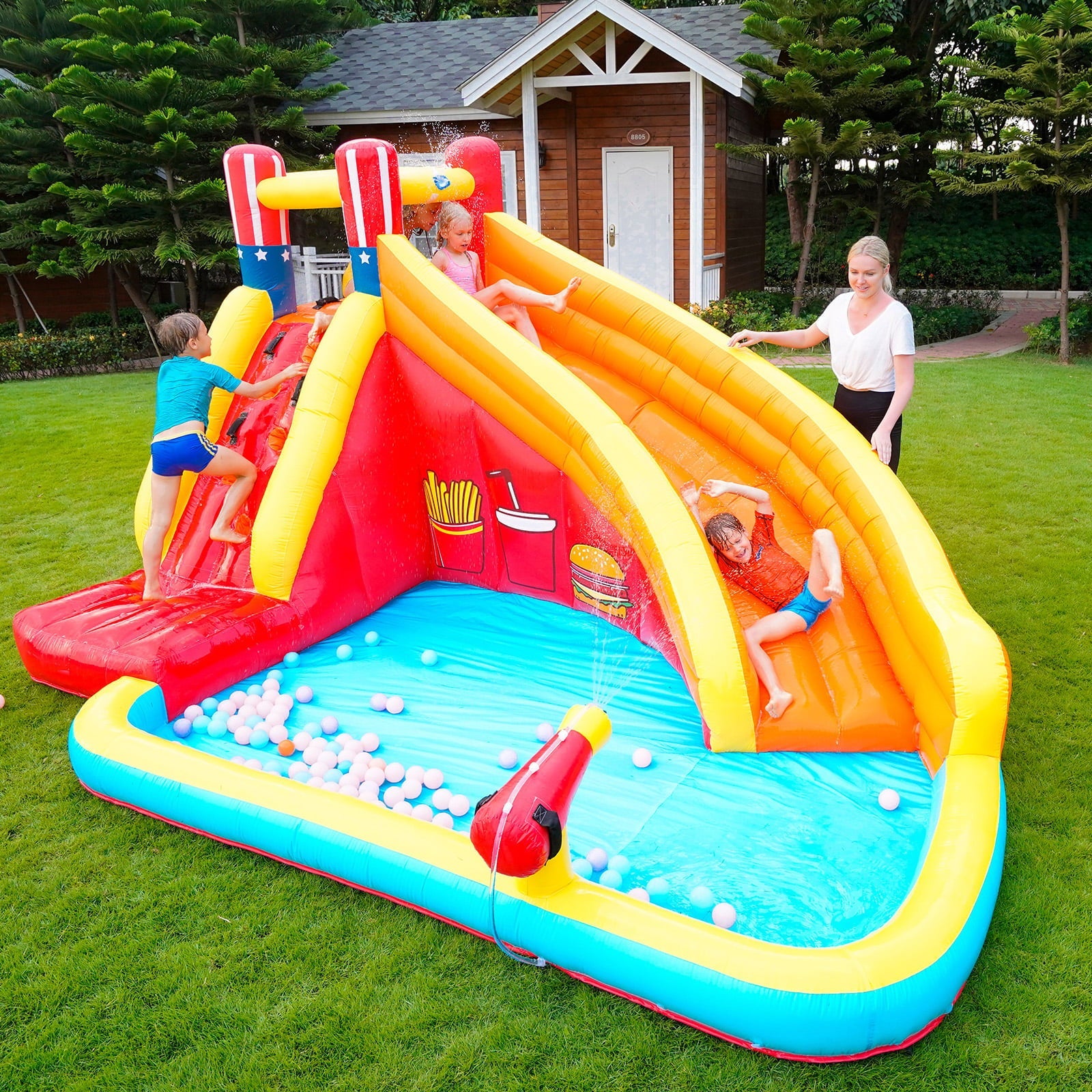 ametoys Inflatable Slide Backyard Park with Climbing Wall, Pool, Cannon, Heavy Duty Blower, Sprinkler, Stakes, Patches, Storage Bag for Outdoor Summer Fun