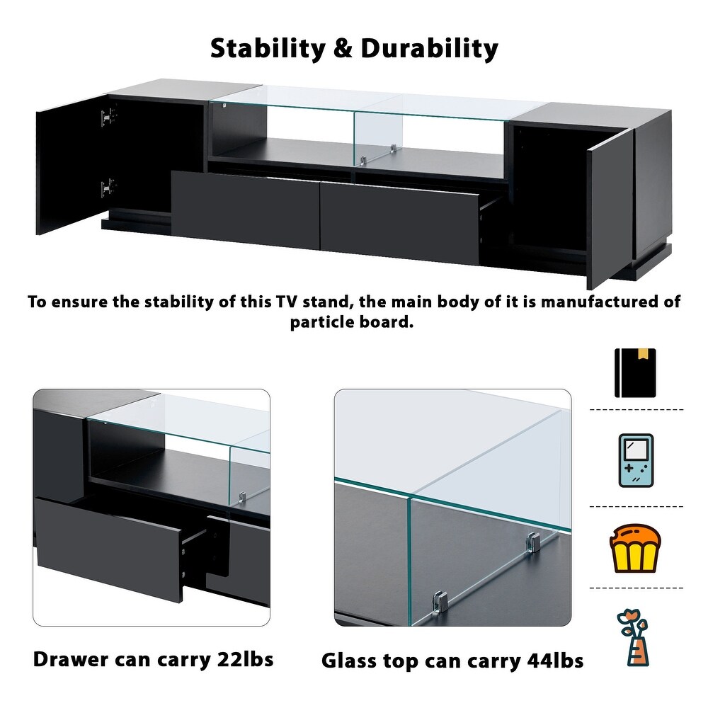 TV Stand with Tempered Glass  Modern High Gloss Entertainment Center for TVs Up to 70\