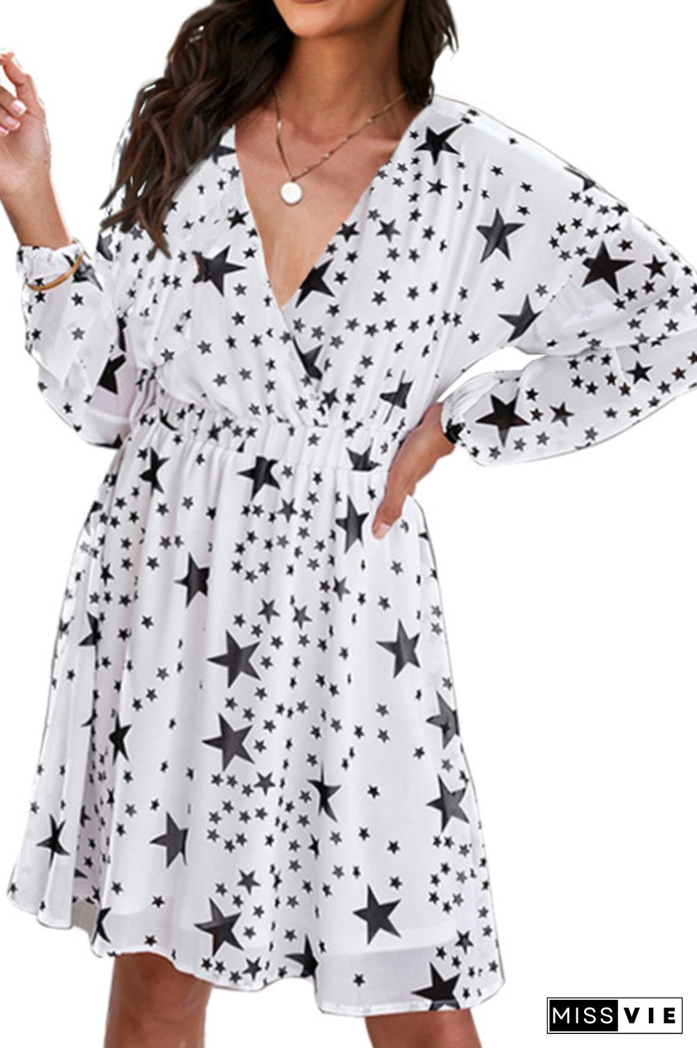 Star Print V Neck Baggy Long Sleeves Mini Dress