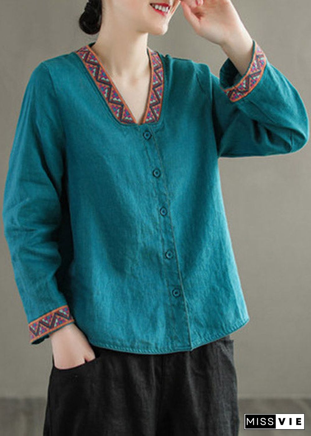 Boho Blue V Neck Embroideried Button Linen Shirt Long Sleeve