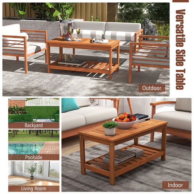 Tangkula Hardwood Outdoor Patio Coffee Table 2 tier Coffee Table W Slat Tabletop amp Storage Shelf Natural