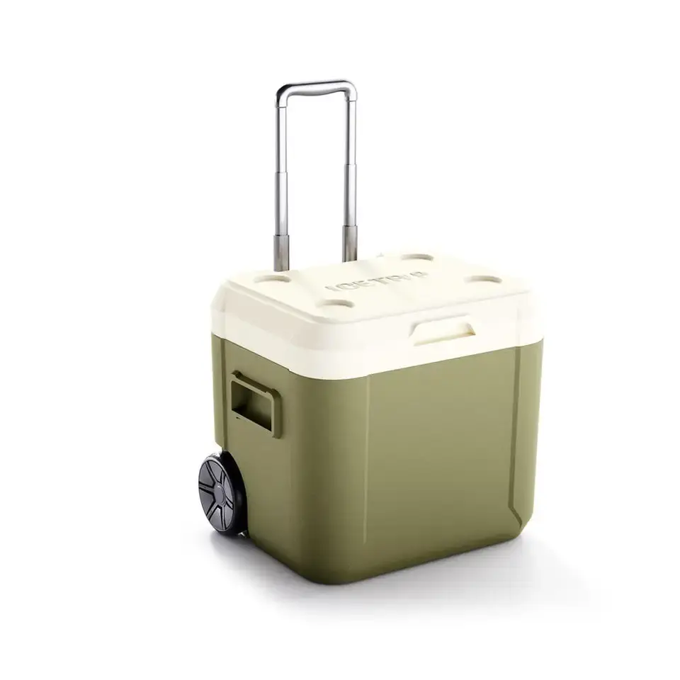 2023 Hot selling outdoor plastic insulated wheeled 52L ice cooler box large fishing food hard cooler with wheels box