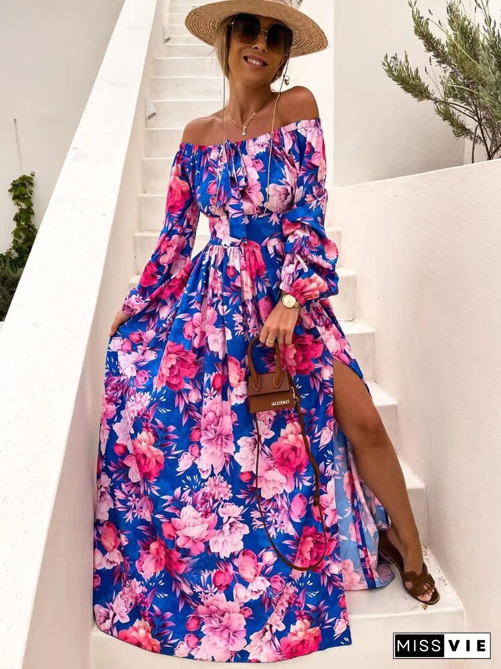 Spring Summer New Women's Fashion Print Dress Off-shoulder Neckline High-waisted Split Skirt Bohemian Beach Style Holiday Skirt