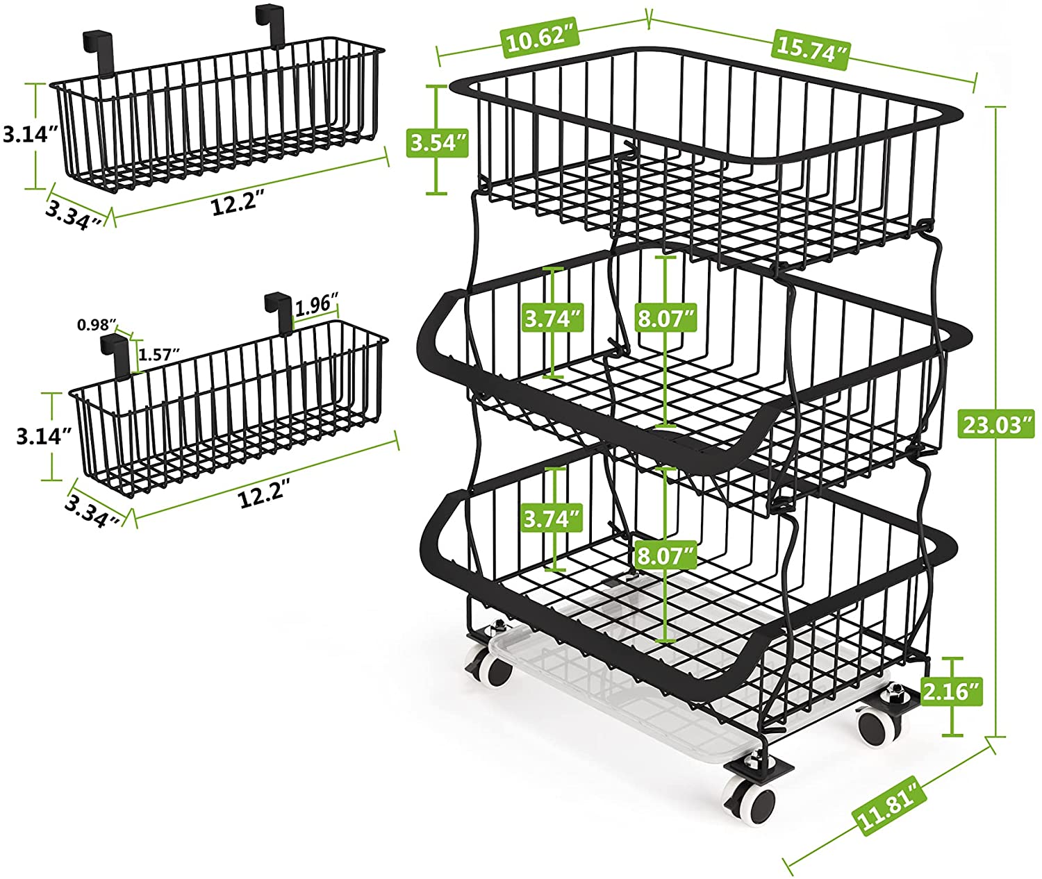 Fruit Basket， 3 Tier Stackable Metal Wire Basket Cart with Rolling Wheels， Utility Rack for Kitchen， Pantry， Garage， With 2 Free Baskets (3 tier)