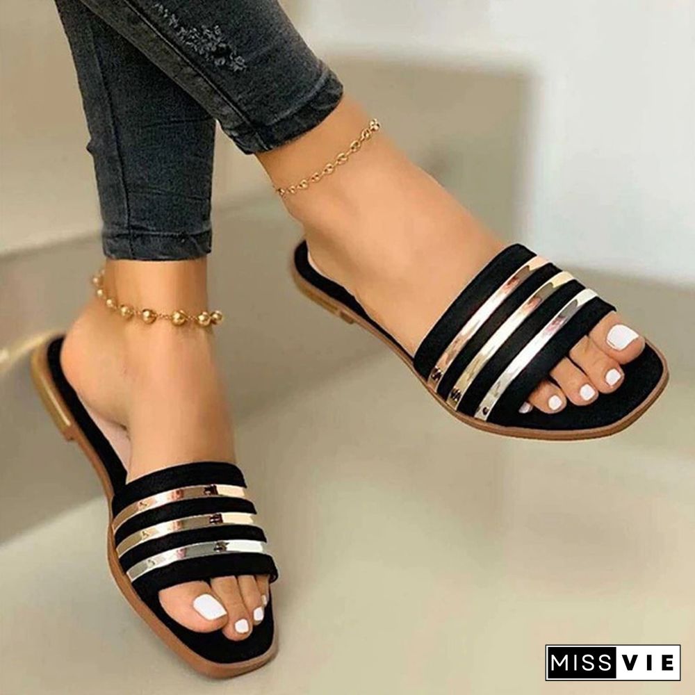 Ladies Slippers Summer Sandals Open Toe Square Toe Flop Flat Slippers Casual Sandal Fashion Beach Shoes Plus Size 35-43