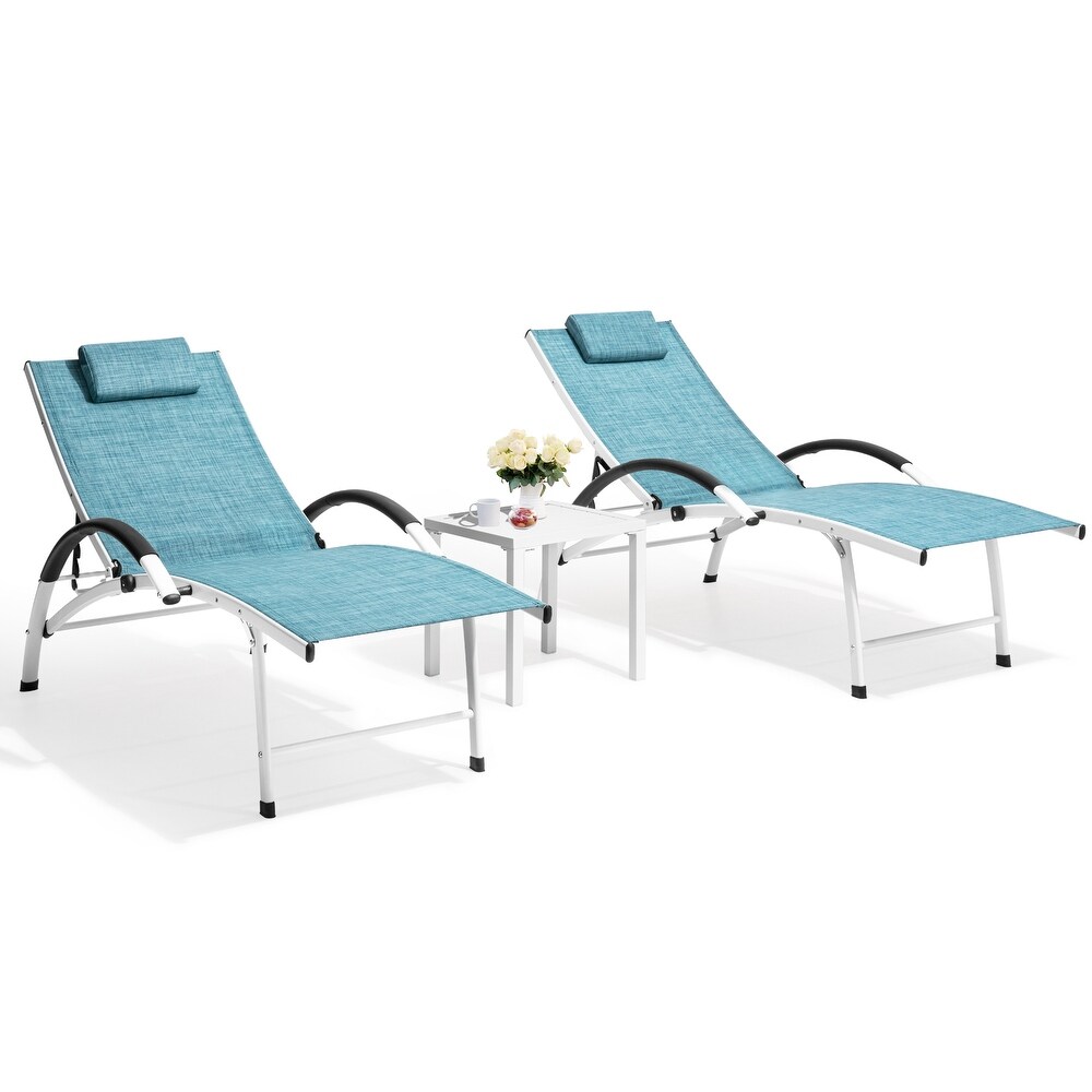 Crestlive Products Outdoor Aluminum Folding Adjustable Reclining Chaise Lounge Chairs and Table Set(Set of 3)