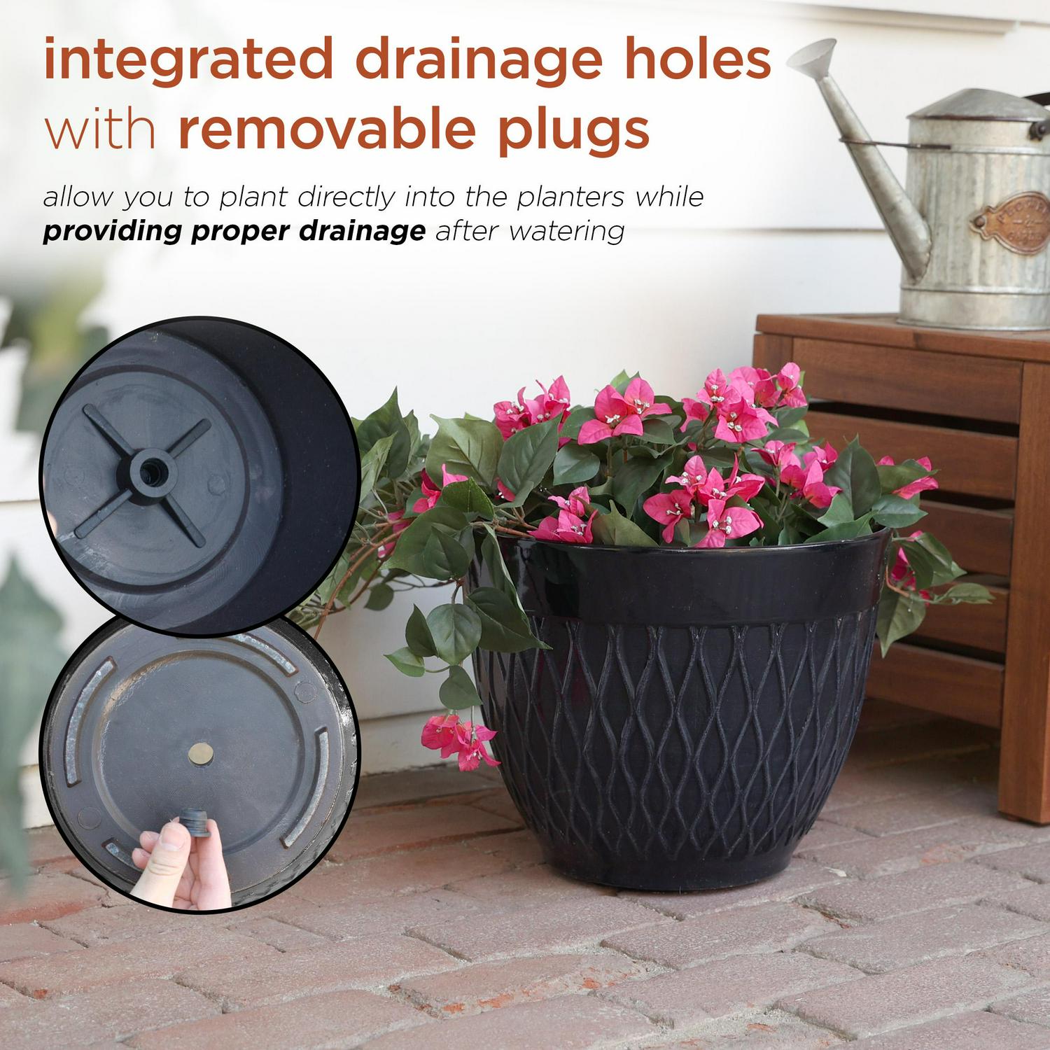 Alpine Corporation 15  x 12  StoneLook Planters with Drainage Holes Black Set of 2  Crowdfused