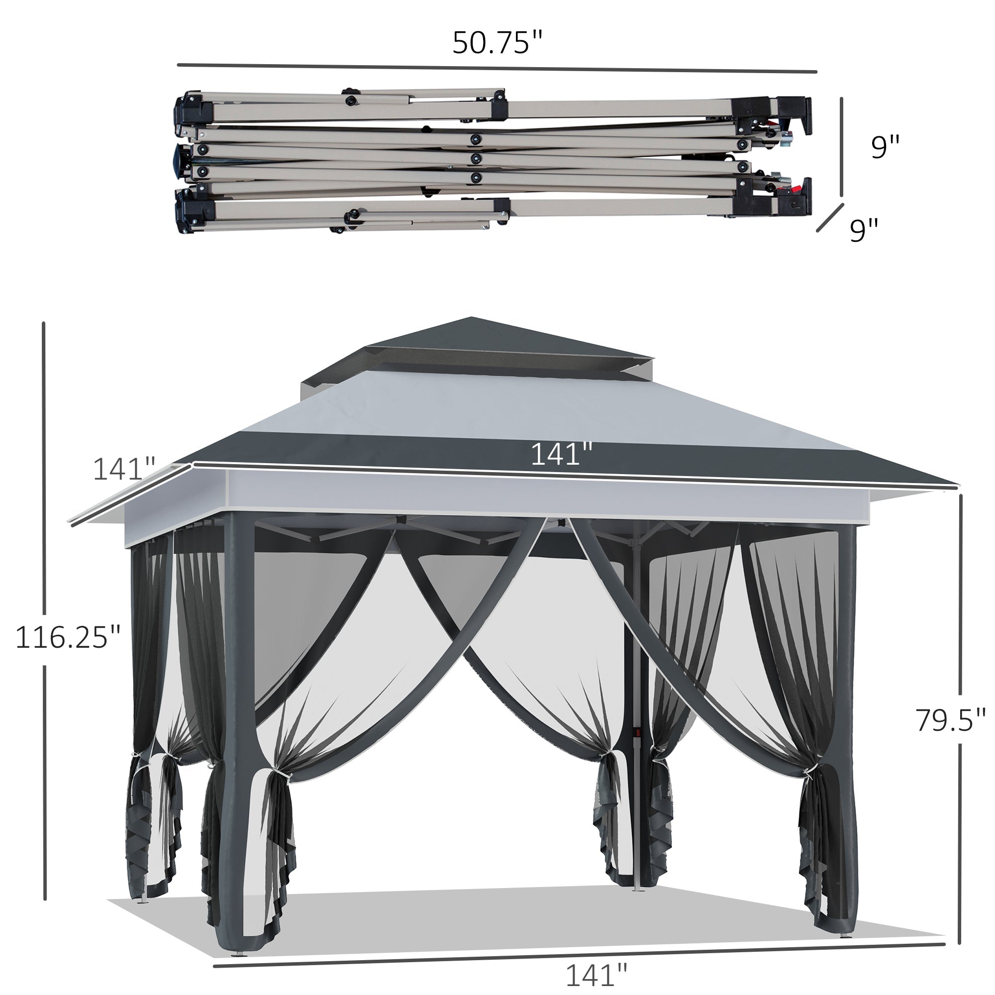 Outsunny 12' x 12' Pop Up Canopy Tent with Netting and Carry Bag, Instant Sun Shelter, Tents for Parties, Height Adjustable, for Outdoor, Garden, Patio, Gray