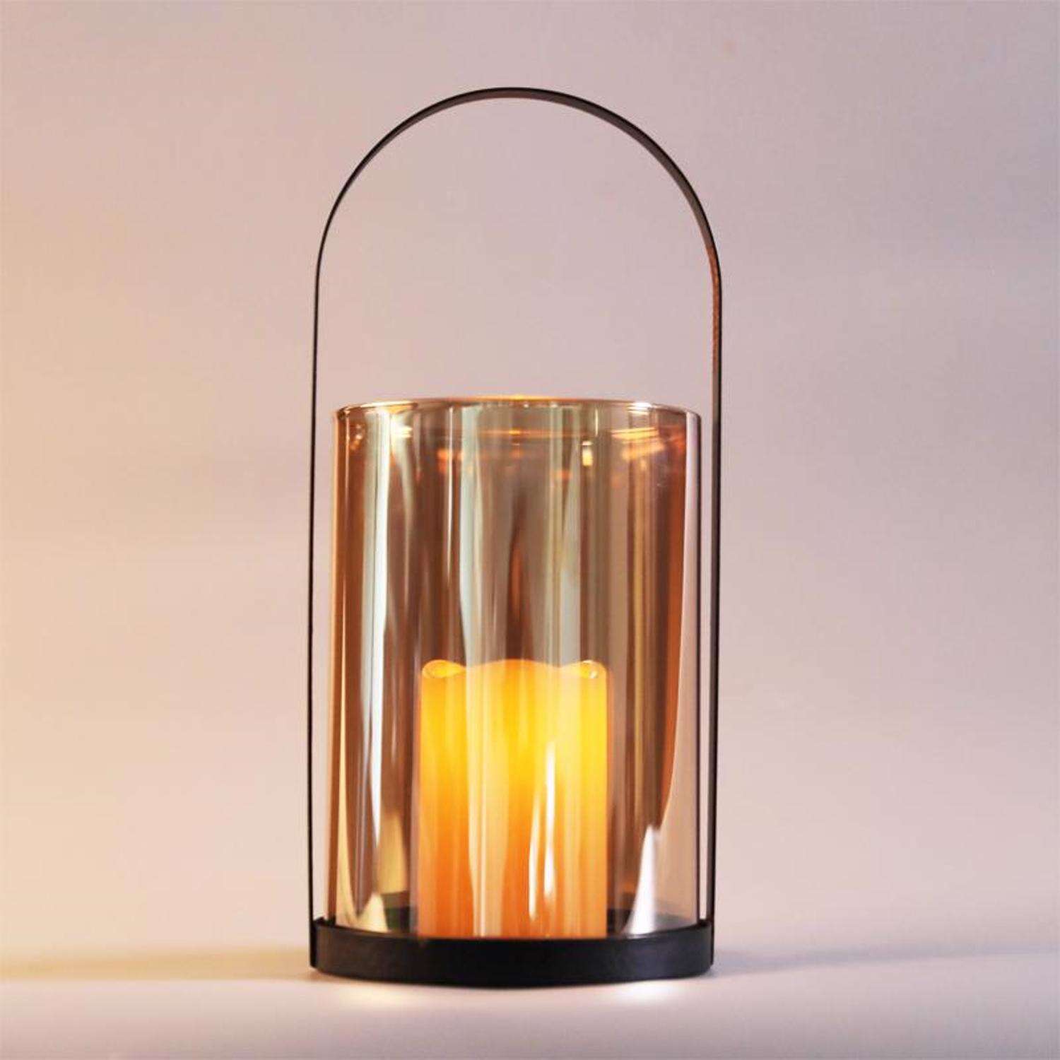 Smart Living 13.6 in. One Mantle Glass/Metal Hurricane LED Candle Lantern Black