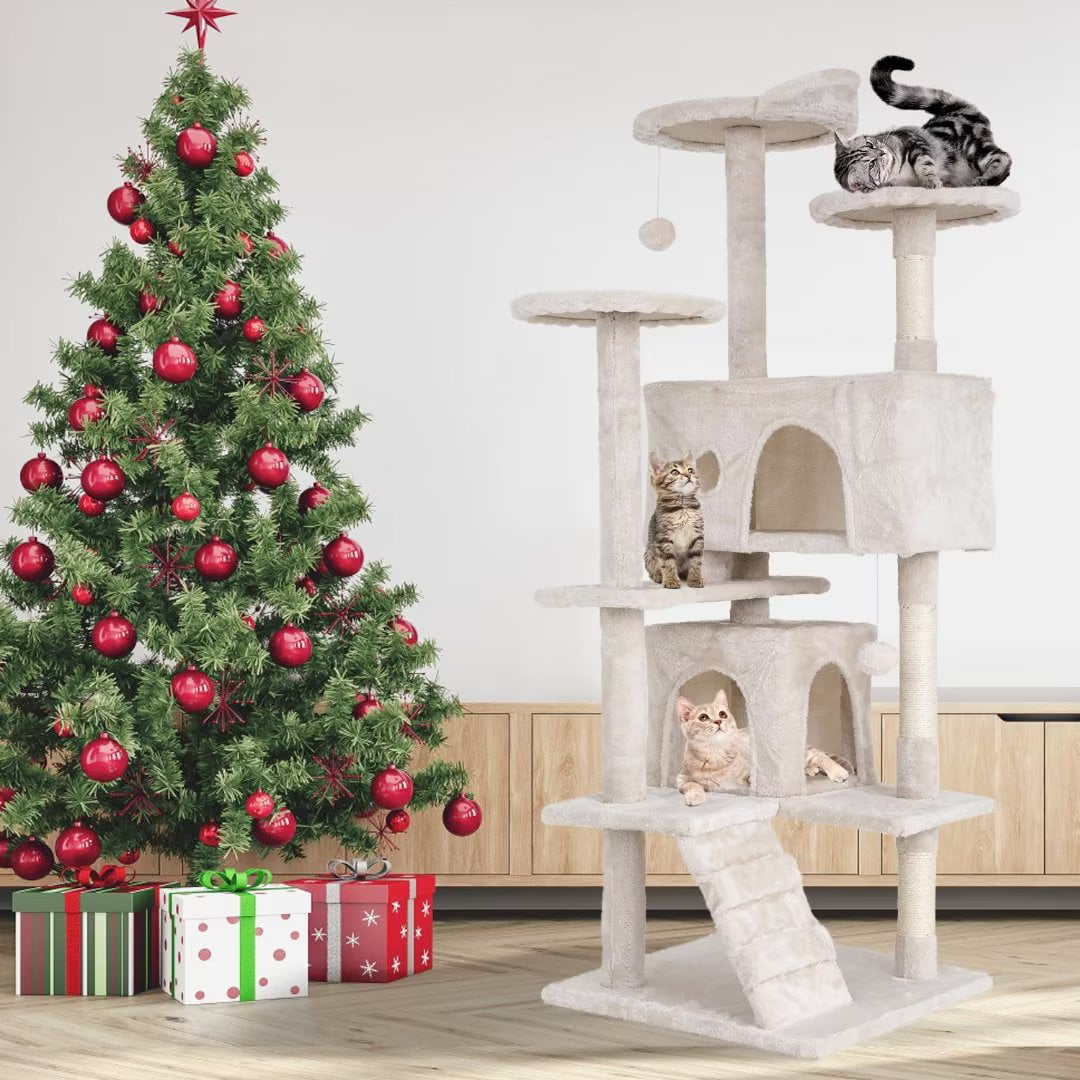 Dkelincs 54 inch Cat Trees and Towers for Indoor Cats， Cat Condo Scratching Post for Adult Cats， Multi-Level Cat Towers for Small Cats， Beige