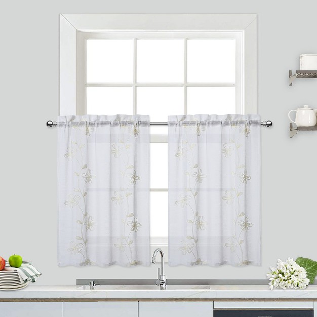 Trinity Floral Embroidered Voile Sheer Short Kitchen Curtains For Small Windows Bathroom