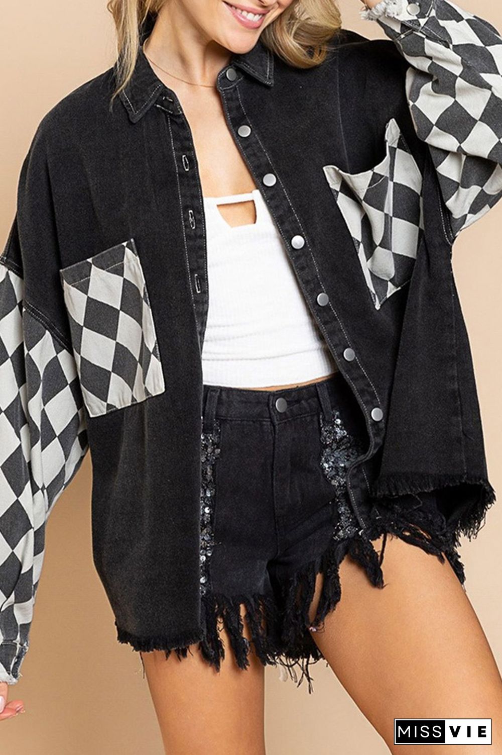 Plaid Print Denim Loose Button Down Jacket