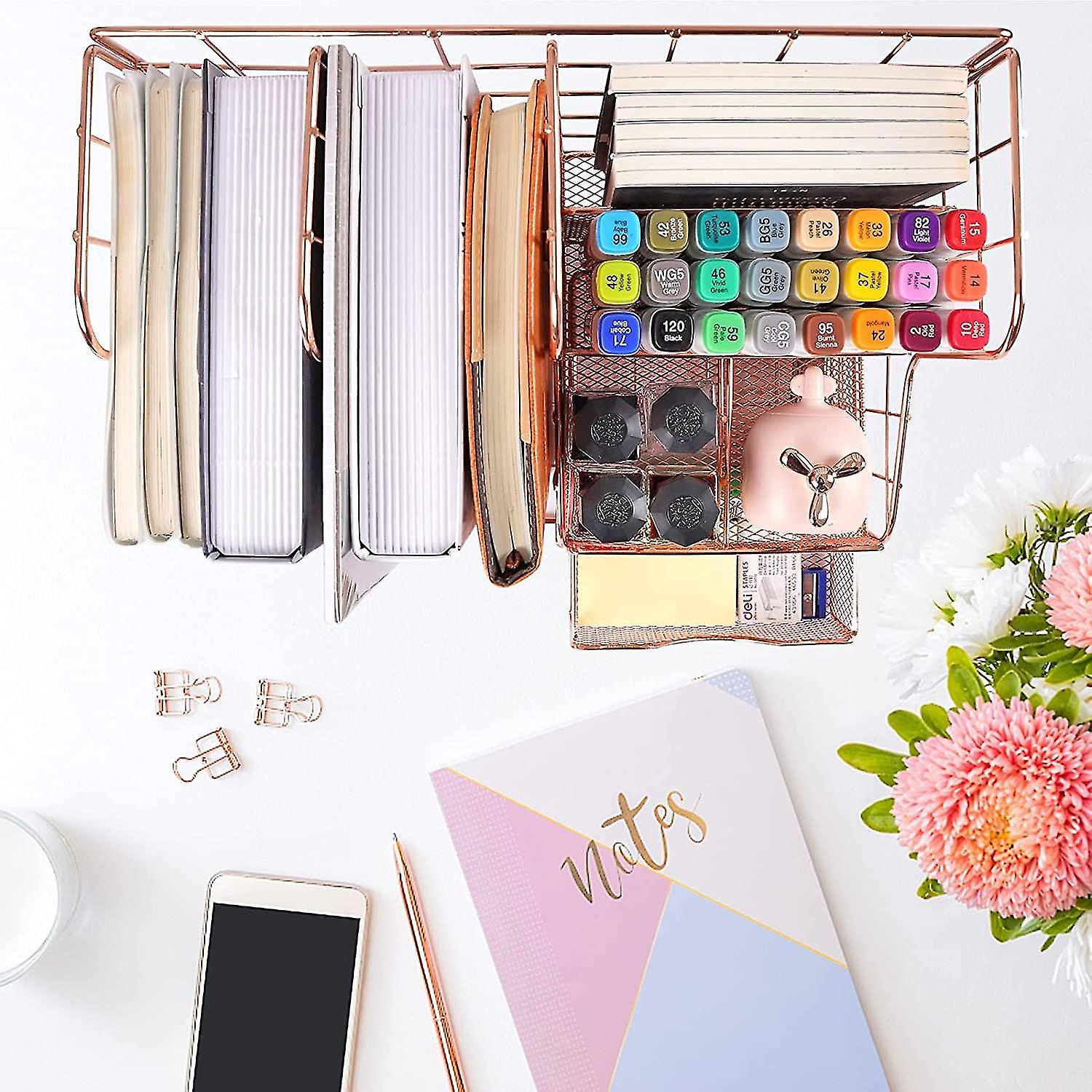 Rose Gold Desk Organizer Supplies Accessories Storage Caddy Desktop Organizer With Pencil Holder ，pen Holder ，paper Organizer ，mail Holder，file，desk D